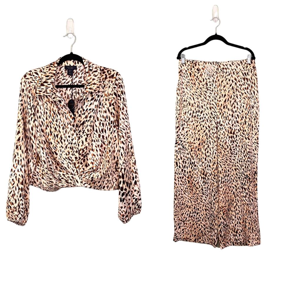 Rachel Roy Blouse & Pants 2 Piece Outfit Set L Leopard Print Office Career NEW